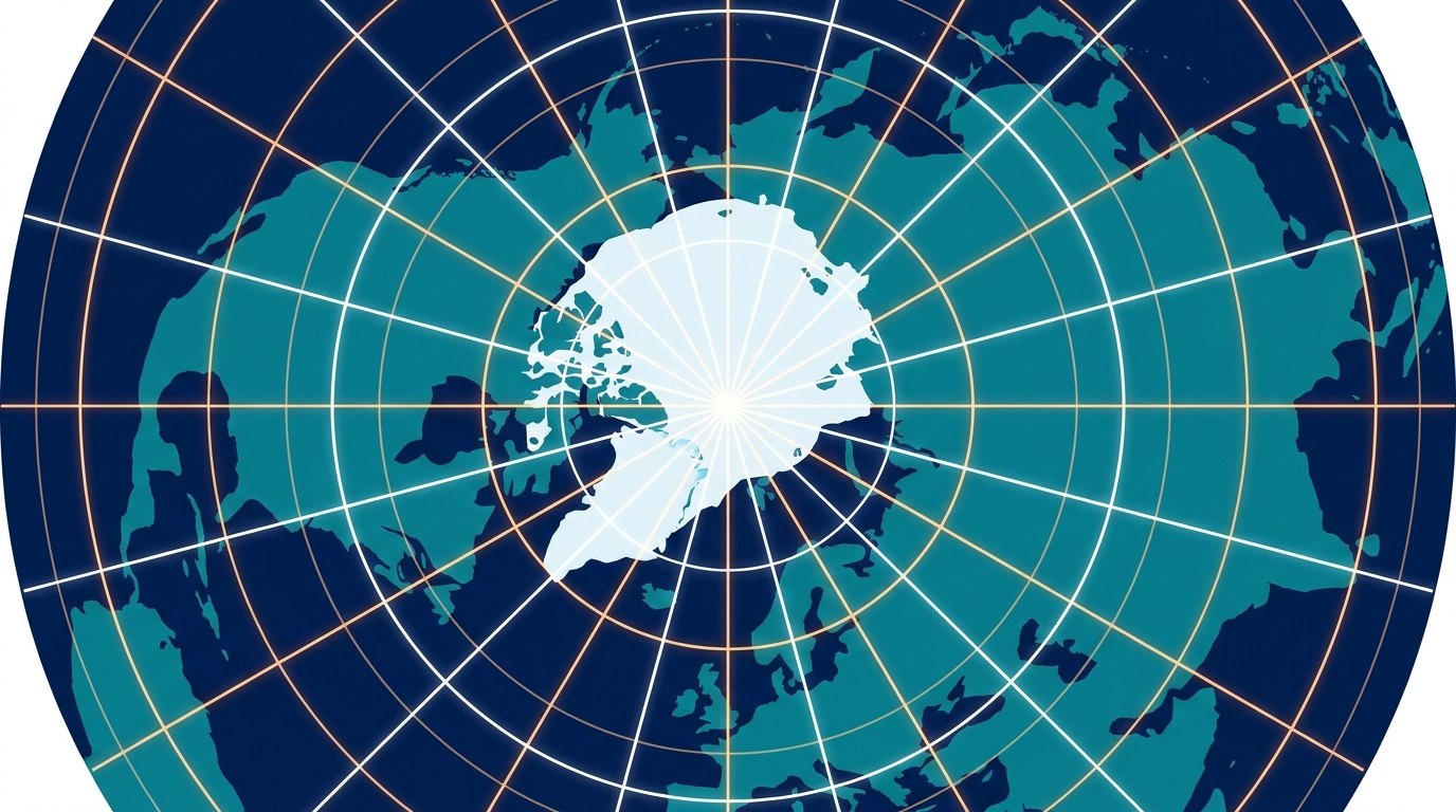Illustration of Earth seen from above the North Pole, with latitude rings and longitude spokes drawn over it