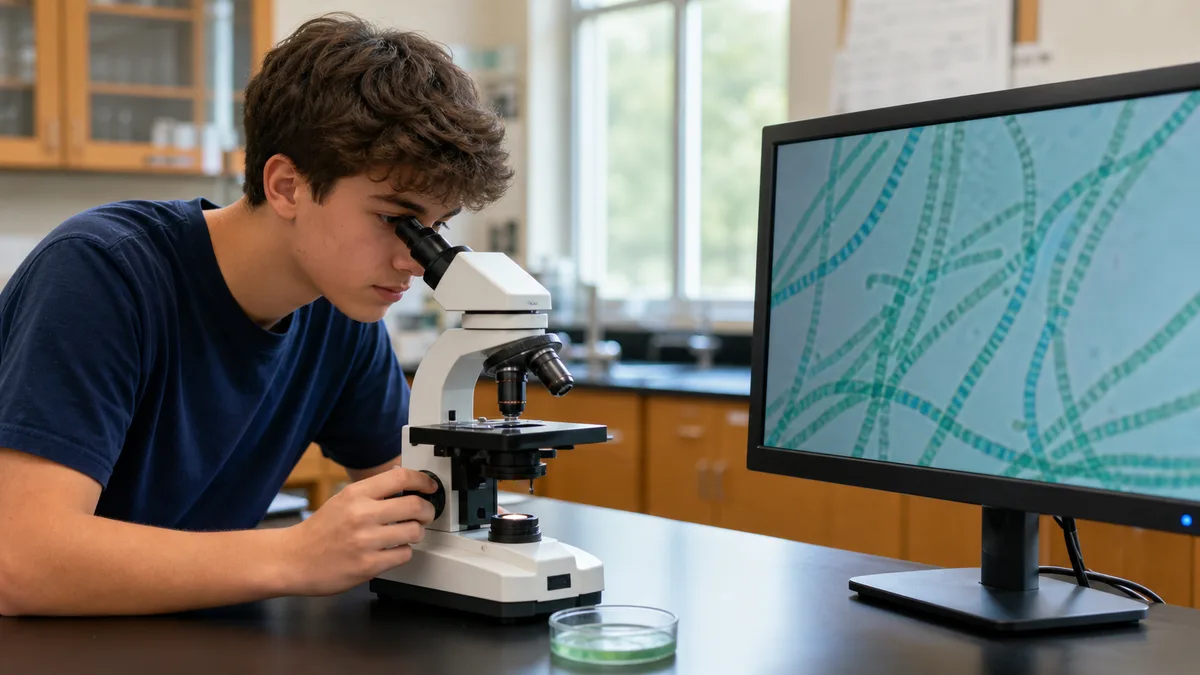 A biology student examines a cyanobacteria culture with a microscope.