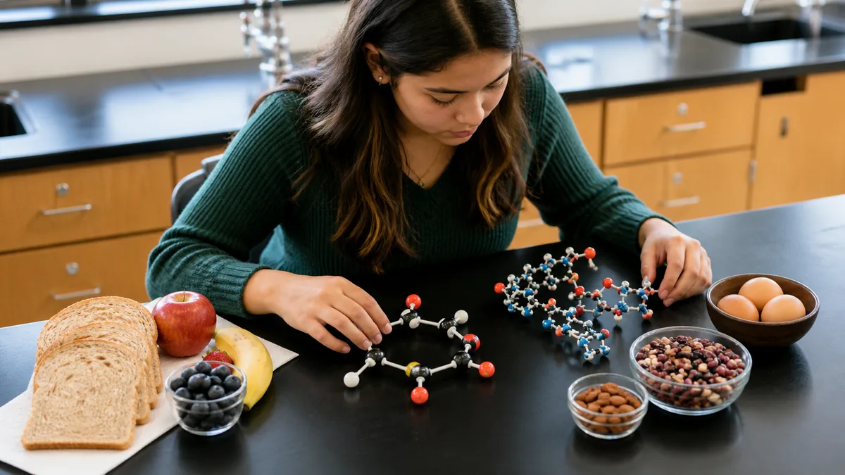 A biology student compares carbohydrate-rich and protein-rich foods beside classroom molecular models.