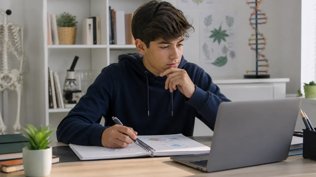 A student compares an online claim with evidence recorded in a biology notebook.