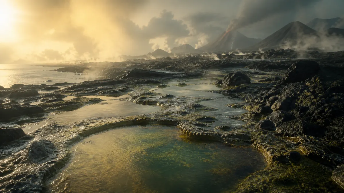 A scientifically grounded reconstruction of a barren volcanic shoreline on early Earth.