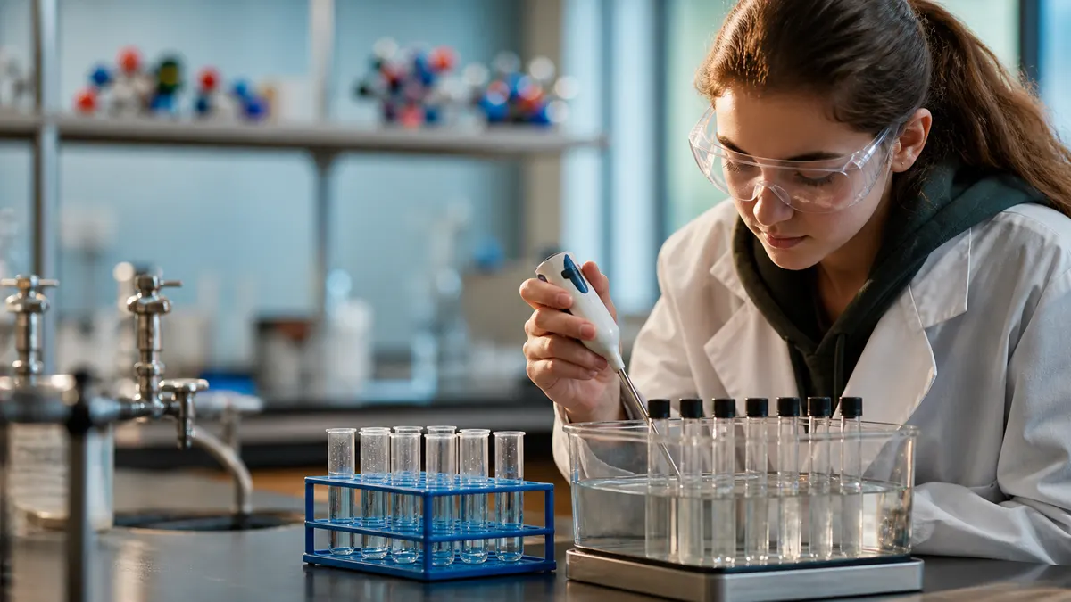 A student compares test tubes in a rack and a controlled warm-water bath in a biology lab.