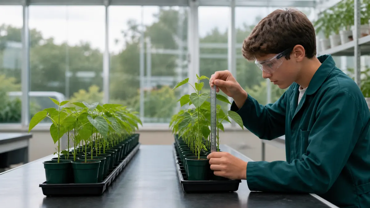 A student measures bean plants arranged in two matching rows in a school greenhouse.