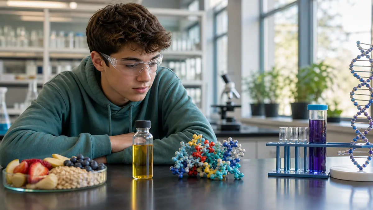 A student compares food, oil, molecular models, and a DNA sample setup on a biology lab bench.