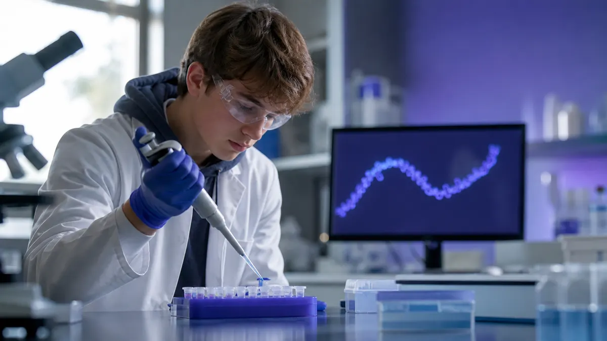 A student researcher uses a micropipette beside an abstract single-stranded molecular display.