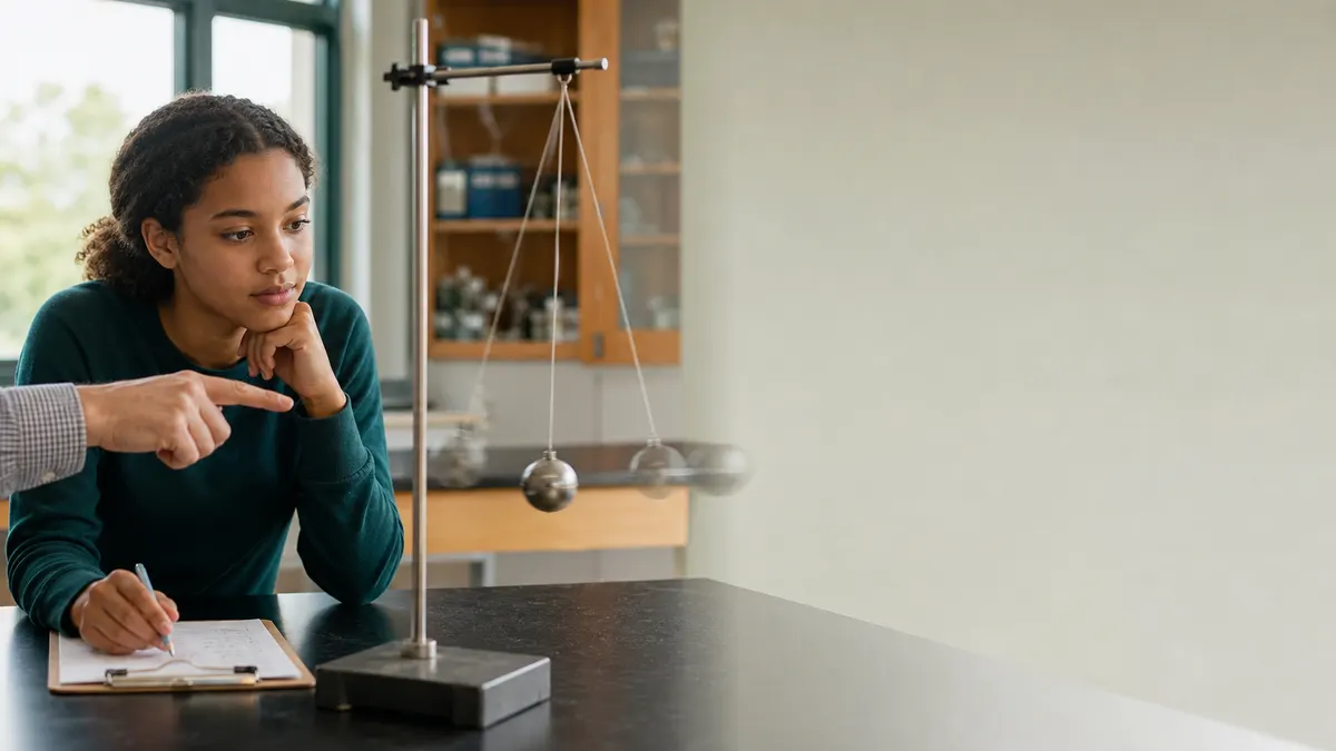 A student observes a pendulum experiment while recording repeated measurements.