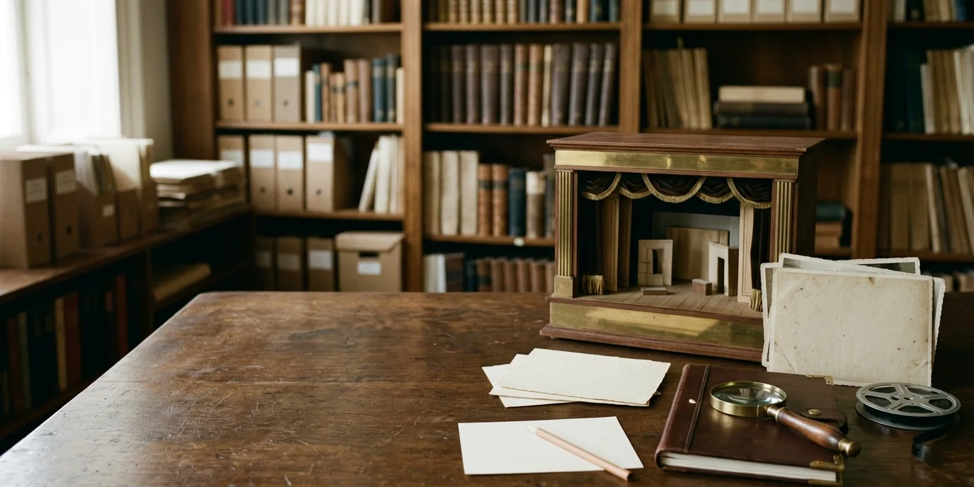 Research notes, books, and a model theater on a work table