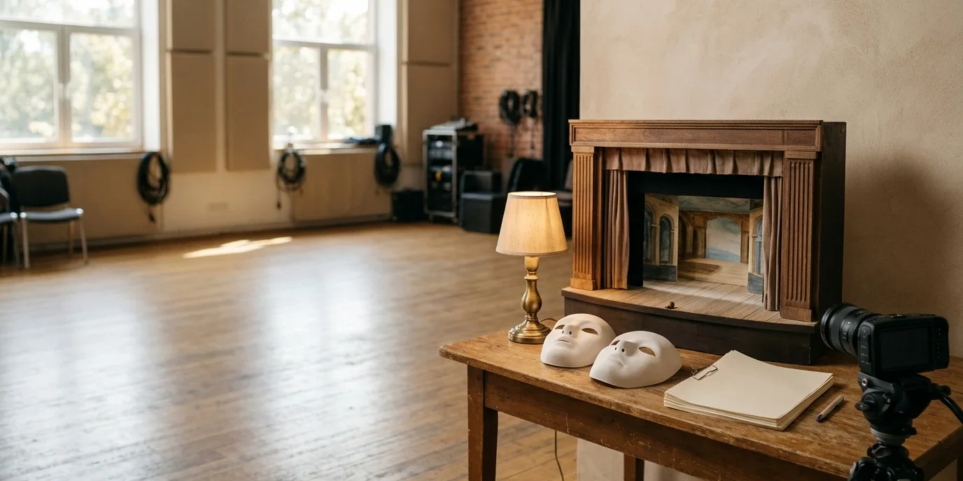 A rehearsal room with masks, blank pages, a model stage, and a camera