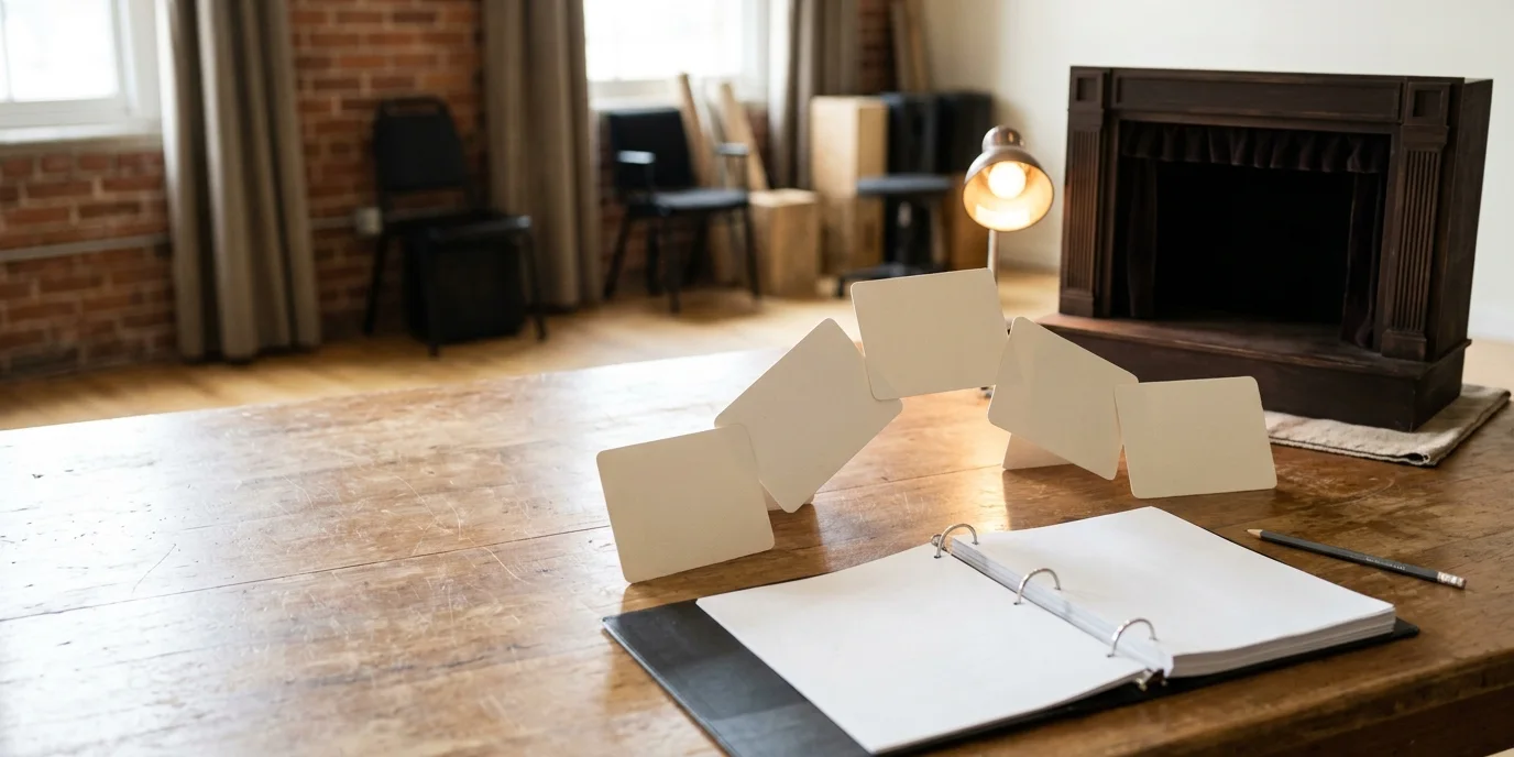 Blank planning cards, a binder, and a model theater in a rehearsal room