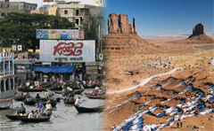 Side-by-side photos: a crowded river market scene in Bangladesh next to a wide, empty desert landscape in Utah