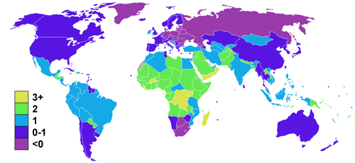 World map with countries in their true shape and size, color-coded from dark purple (negative growth) to bright green (3%+ growth)