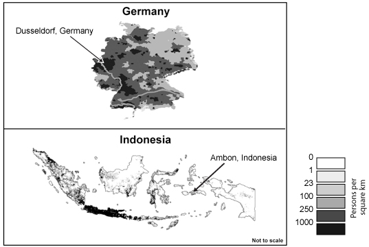 Shaded population-density maps of Germany and Indonesia, each marked with a labeled city and a persons-per-square-kilometer legend