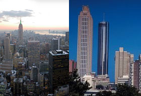 Split photo: a dense daytime New York City skyline on the left, a sunnier Atlanta skyline with fewer, shorter towers on the right