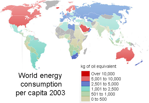 World map color-coded by per-capita energy consumption, from dark red (highest) to tan (lowest)