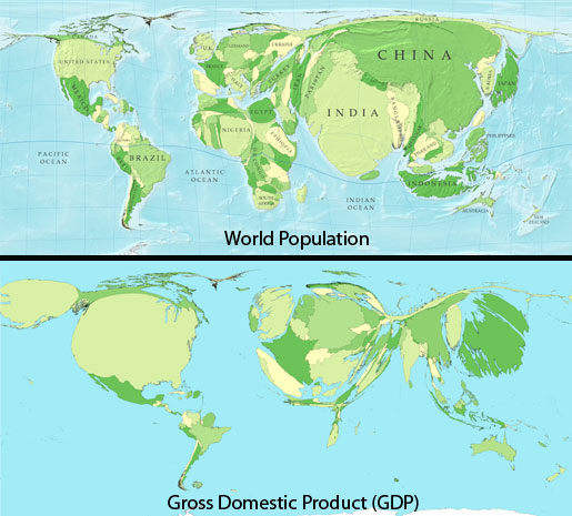 Two world cartograms with country shapes resized by population (top) and by gross domestic product (bottom)