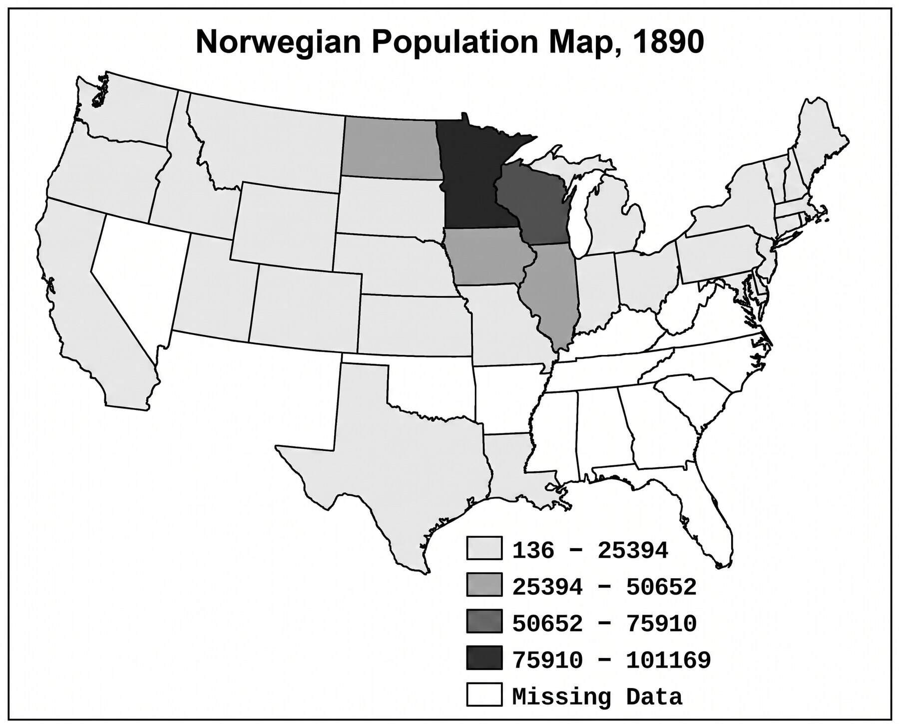 Apex map of Norwegian-born residents by state in 1890