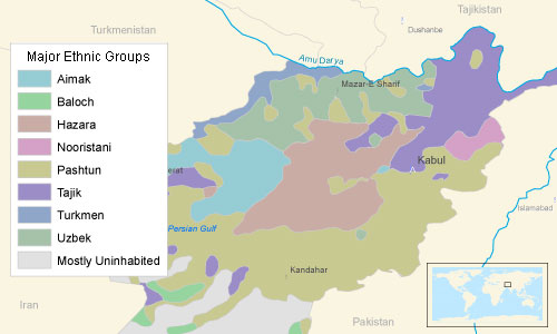 Map of Afghanistan shaded by major ethnic group, with a legend listing Aimak, Baloch, Hazara, Nooristani, Pashtun, Tajik, Turkmen, and mostly uninhabited areas