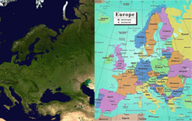 A satellite photo of Europe's landscape next to a colorful political map of the same region divided into countries