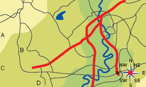 Apex page 5 map. A, B, C, D plus roads, river, lake, compass. Use relative location to move around it.