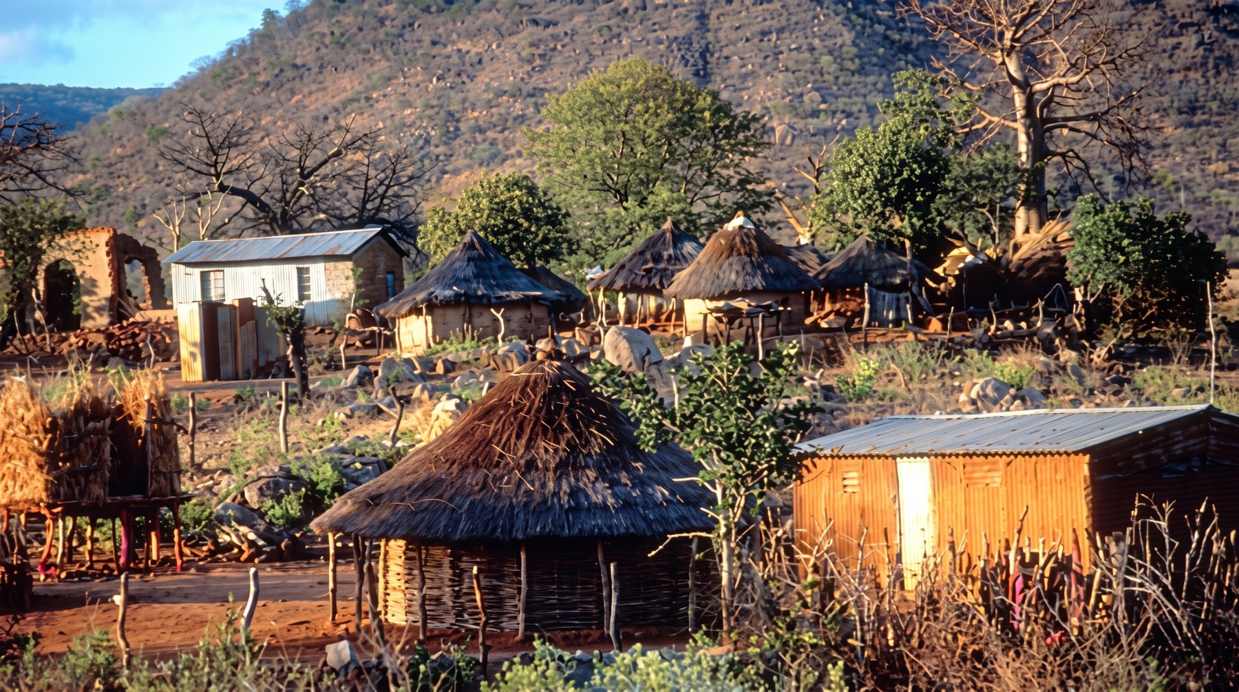 Apex slideshow photograph of a village with round thatched-roof homes