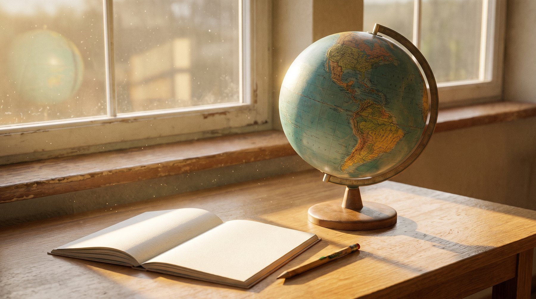 A globe on a desk beside geography notes