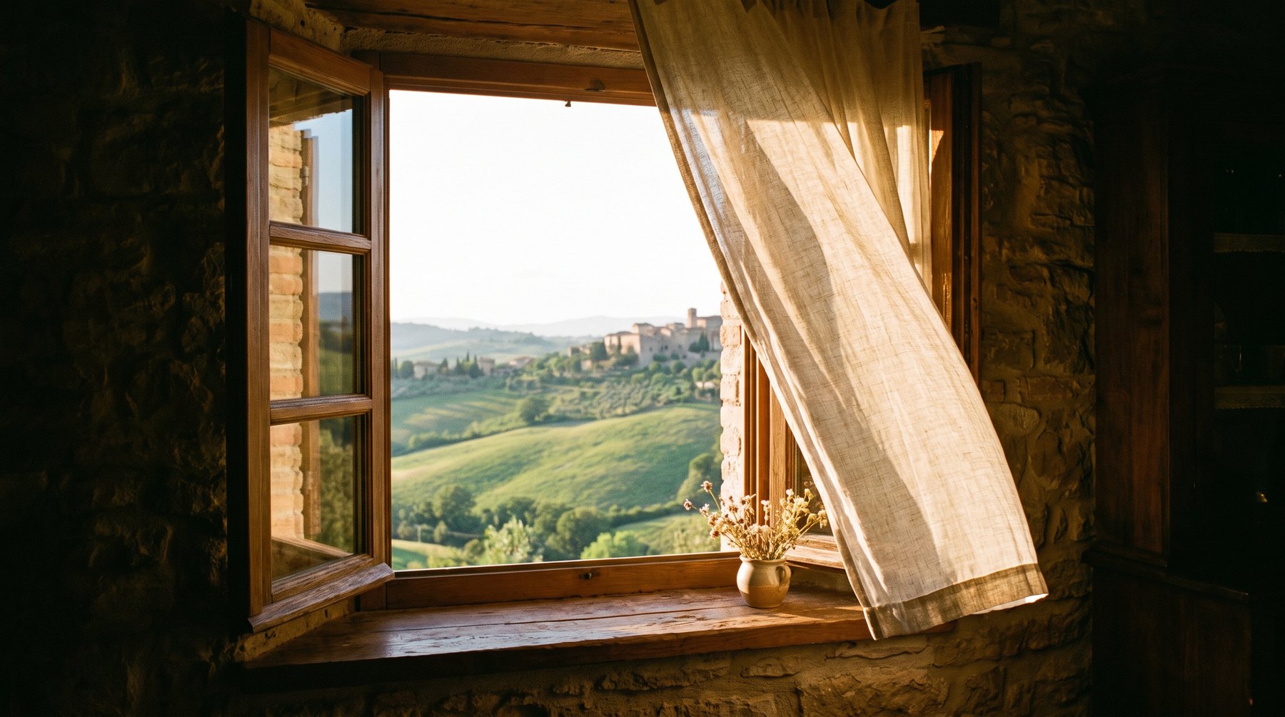 A window opening onto green hills and a distant town