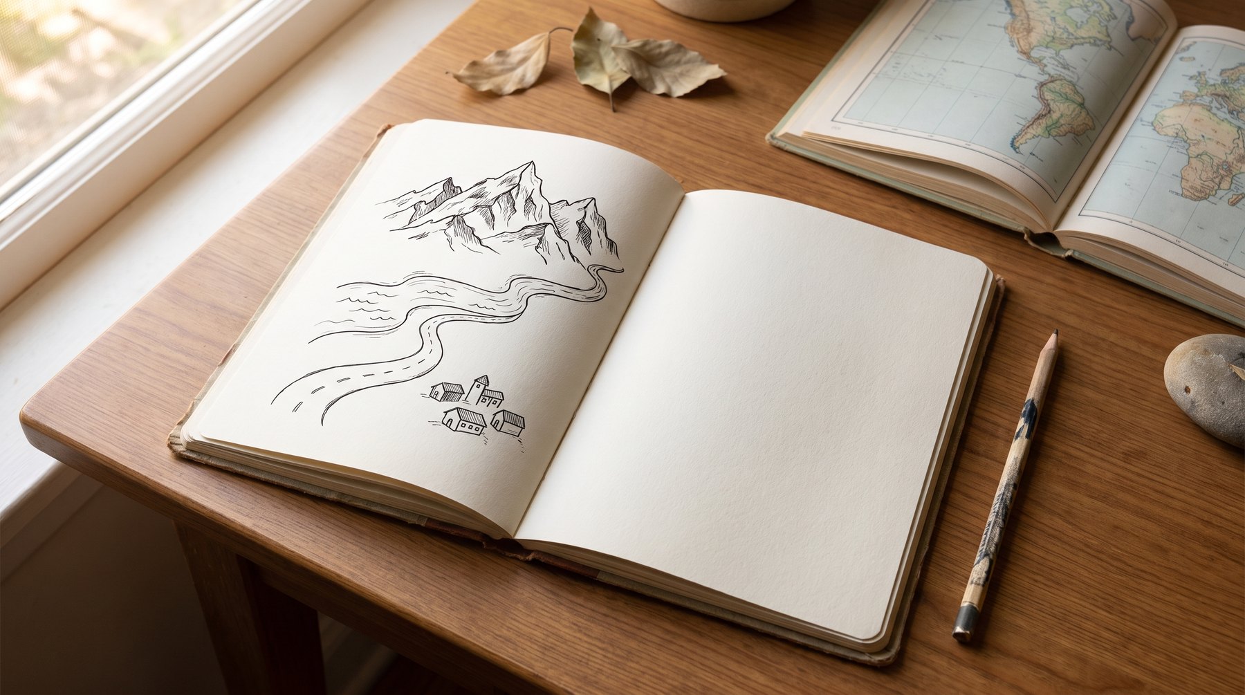 An open geography notebook beside an atlas and pencil