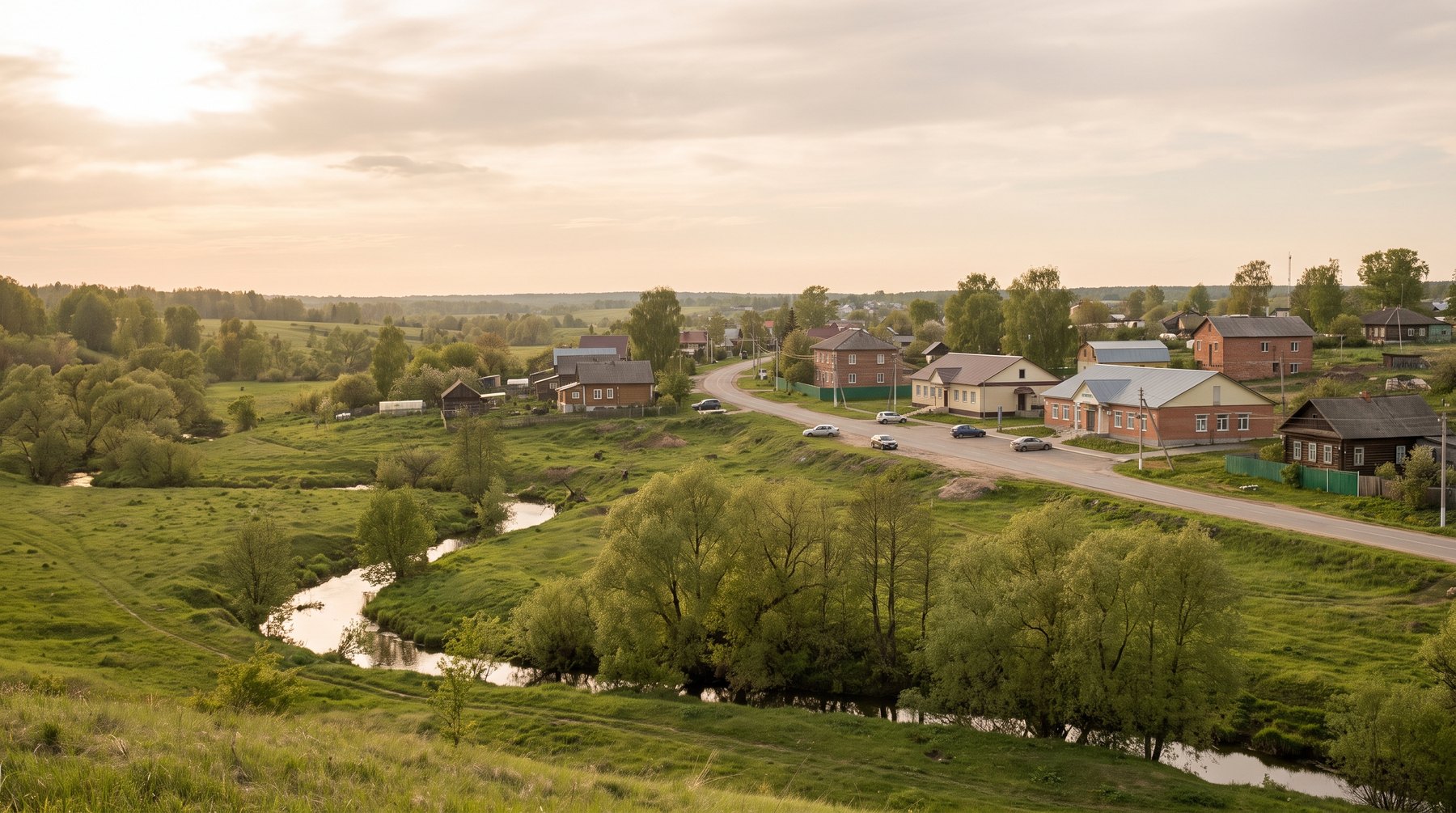 Atmosphere art showing a town beside a stream, with open land, trees, homes, roads, and community buildings