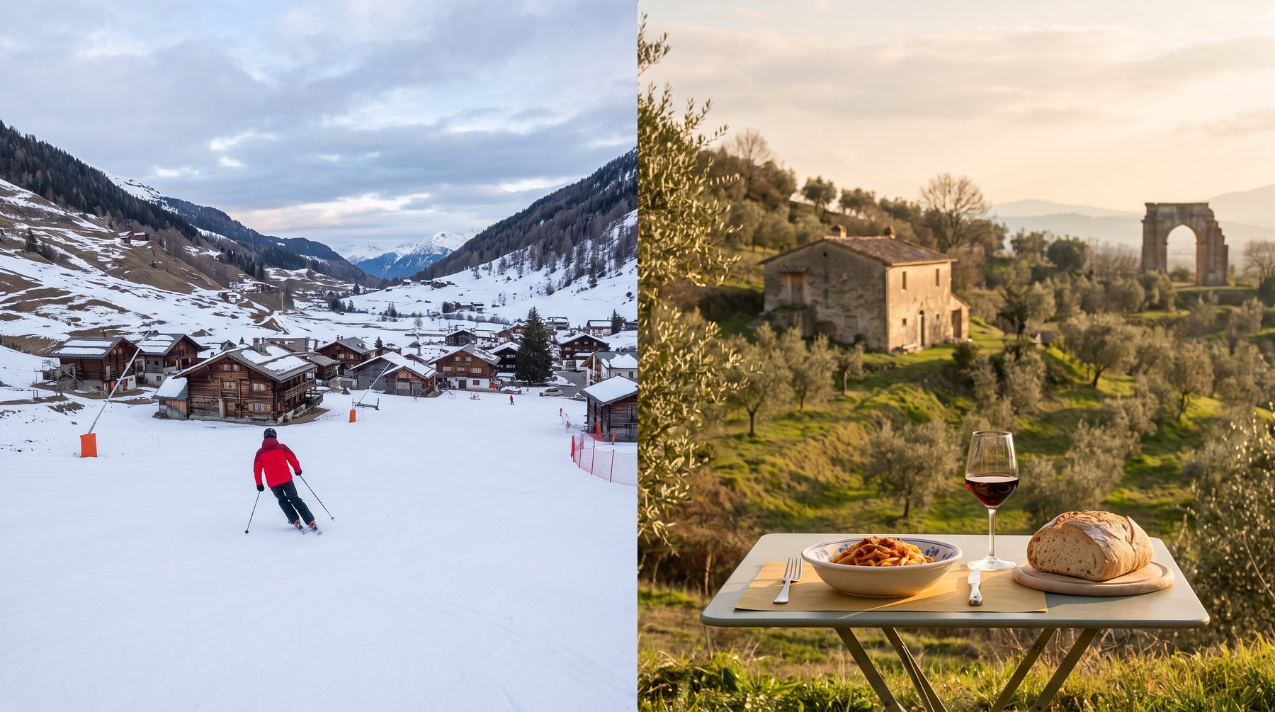 Atmosphere art contrasting a snowy Swiss ski village with an Italian olive grove, pasta table, and Roman arch